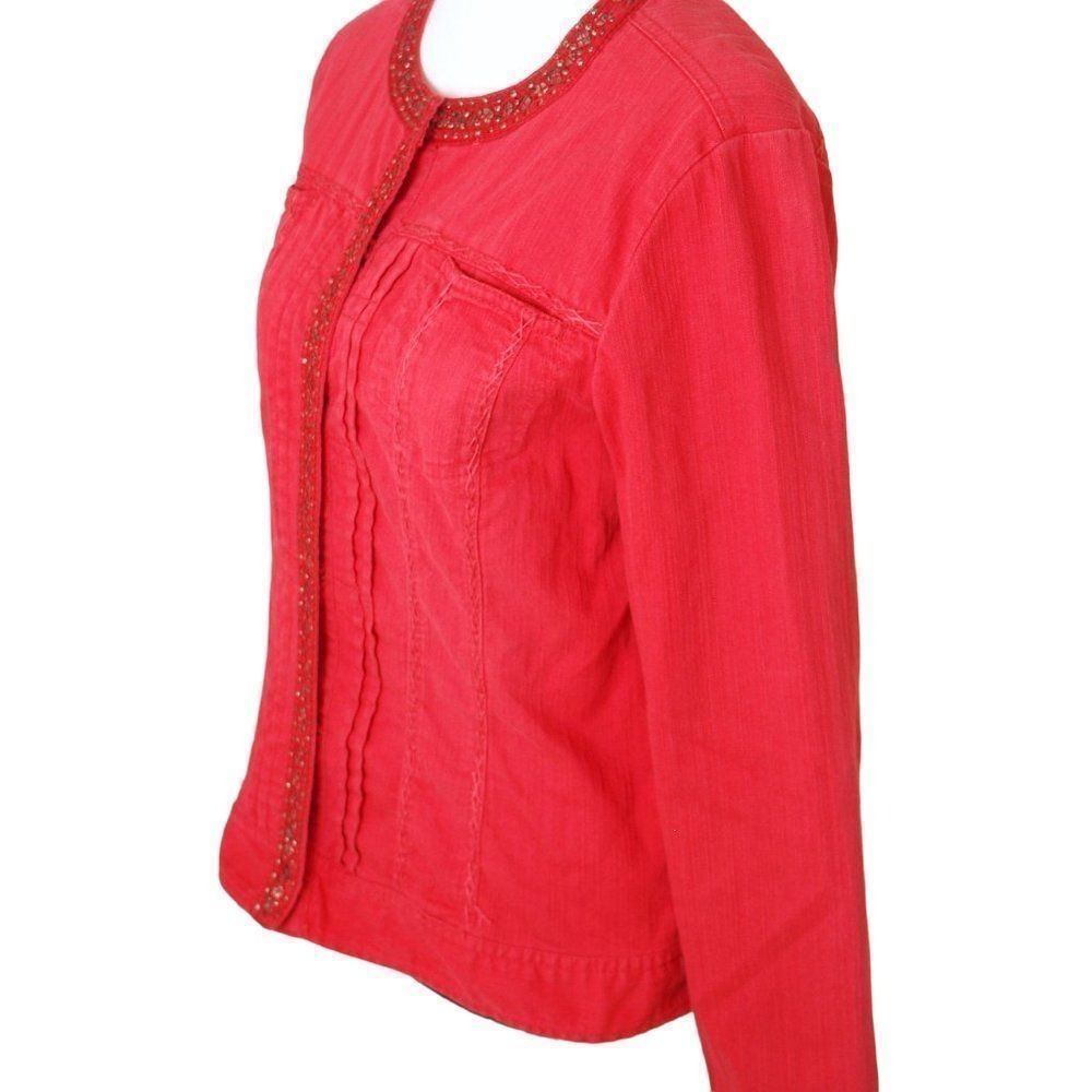 Chicos Red Statement Jacket Topper Size 1 M Open Front Patterned Blazer - Picture 5 of 11